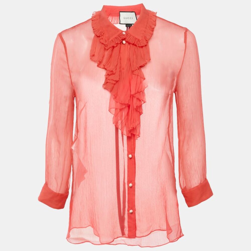 Gucci Pink Silk Chiffon Ruffle Neck Detail Button Front Sheer Top M